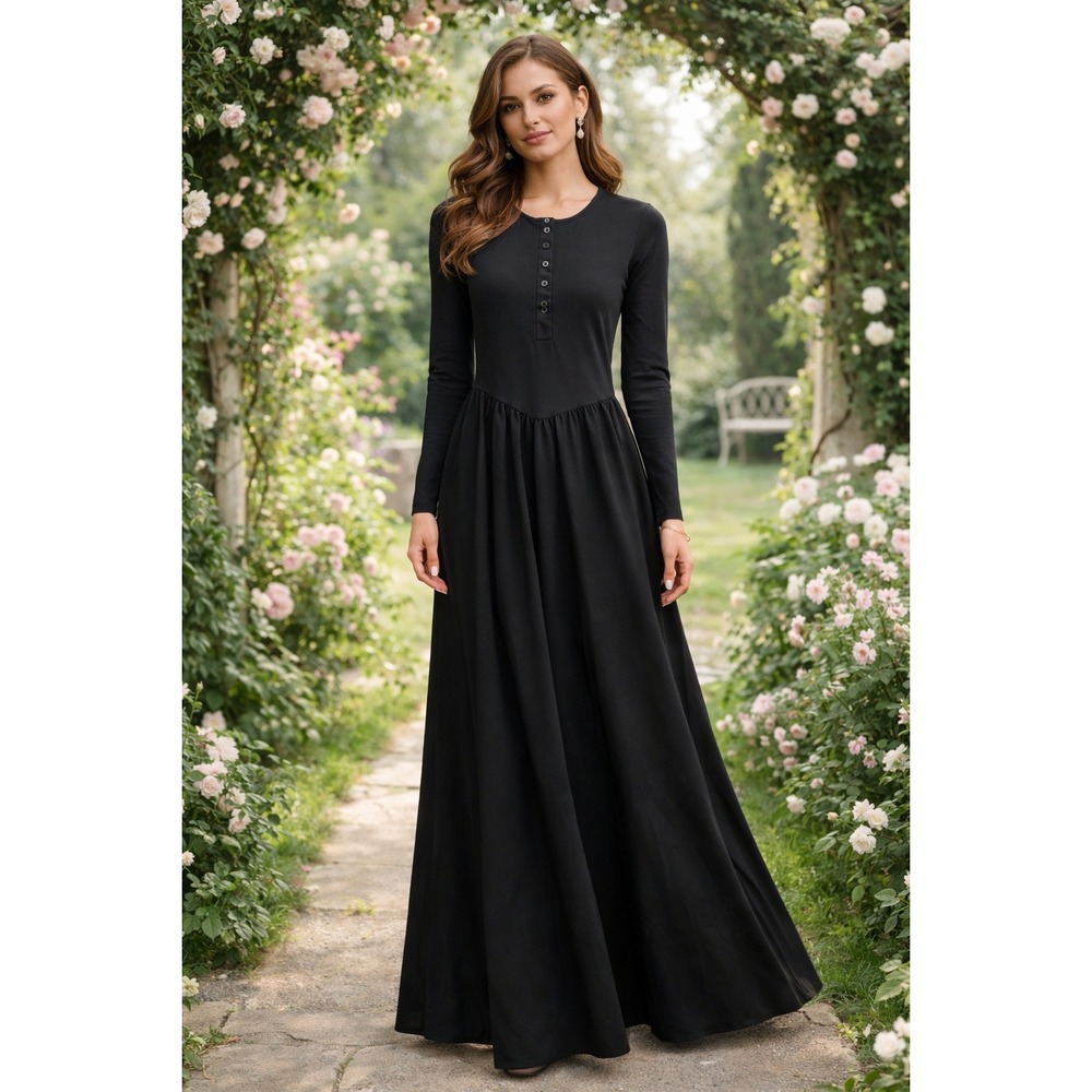 Black Long Sleeve Henley V-Waist Maxi Dress‎ Goth Victorian Prairie Style